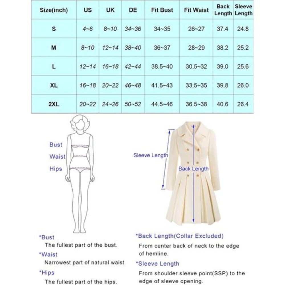 Women's Trench Coat Notch Lapel Double Breasted Thick A Line Pea Coat, B… - Picture 6 of 6